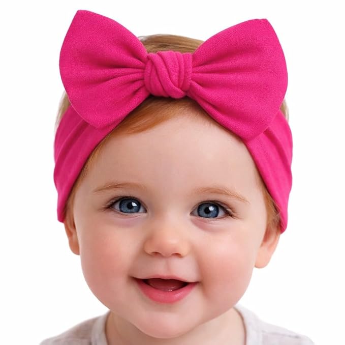 Baby Girl Headbands 0–6 Months – Newborn Infant Soft Cotton Handmade Bow Headband, Stretchy No Mark Baby Hair Accessories (Fuchsia Pink, 0-6 Month)