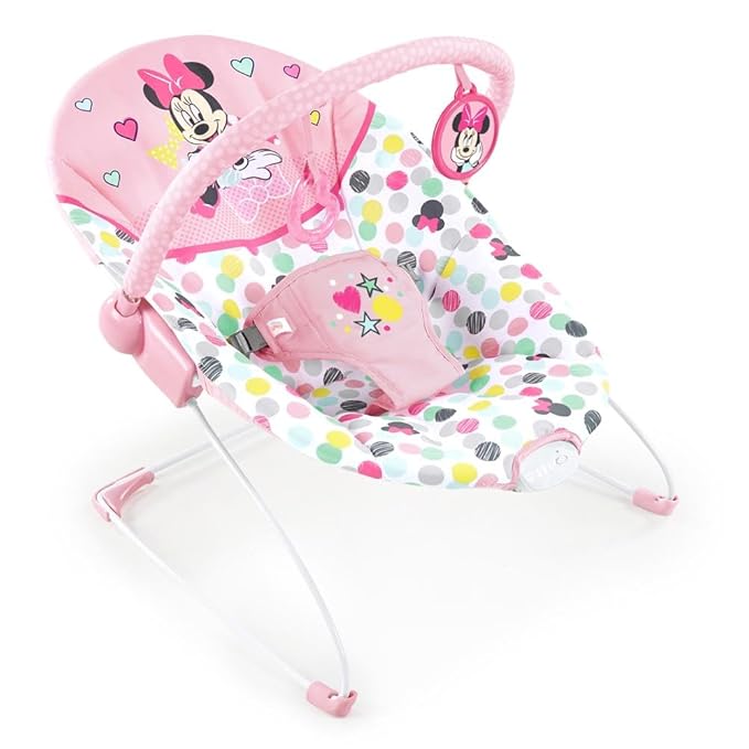 Bright Starts Disney Baby Minnie Mouse Baby Bouncer Soothing Vibrations Plush Infant Seat - Removable Toy Bar, Nonslip Feet, 0-6 Months Up to 20 lbs (Spotty Dotty)