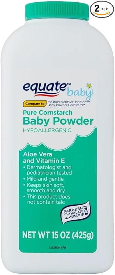 Equate Pure Cornstarch Baby Powder Aloe and Vitamin E- Talc-Free (2 Pack - 15 oz)