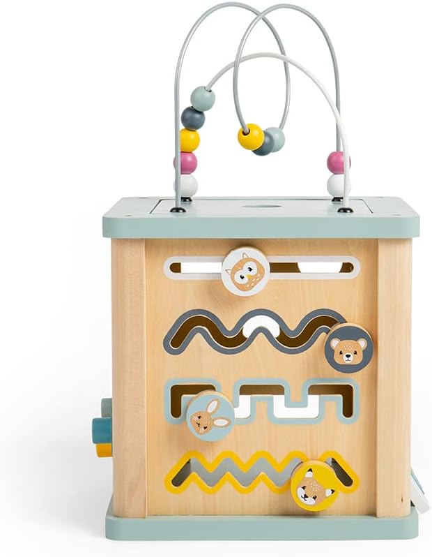 Bigjigs Toys Wooden Activity Cube - 100% FSC® Certified Busy Centre with Shape Sorter & Bead Maze, Sustainable Sensory Toys for 1 Year Old, 22cm W x 23cm H