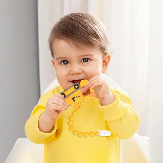 Baby Food Grade Silicone Carrier Vehicle Teether Toy with Pacifier Clip Holder,Teething Toys Gift Set for 3 Months+ Boys and Girls,Freezer Safe,BPA Free. (Excavator)