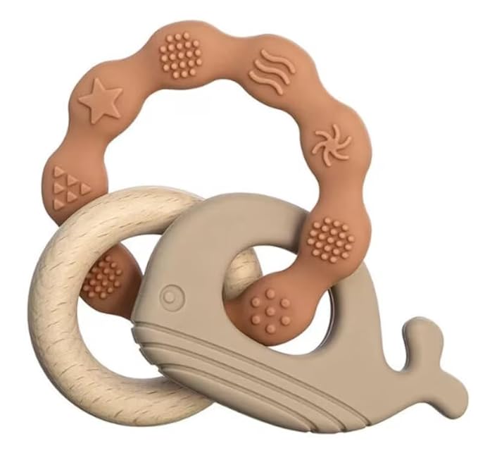 Personalized Silicone & Natural Wood Teething Ring/Rattle,Baby Teether Toys,Newborn Gift