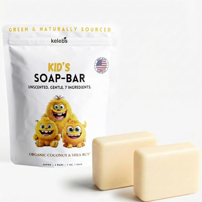 KELEBS Unscented Kids Soap Bar 2-Pack – Organic & Gentle Trio Oil Body Wash for Children – Soothes Dry & Delicate Skin – Only 7 Natural Ingredients