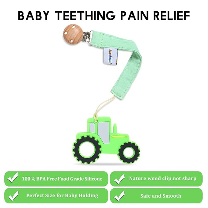 Baby Food Grade Silicone Tractor Car Teether Toy with Pacifier Clip Holder,Teething Pain Relief Toys Gift Set for 3 Months+ Boys and Girls,Freezer Safe,BPA Free (Green)