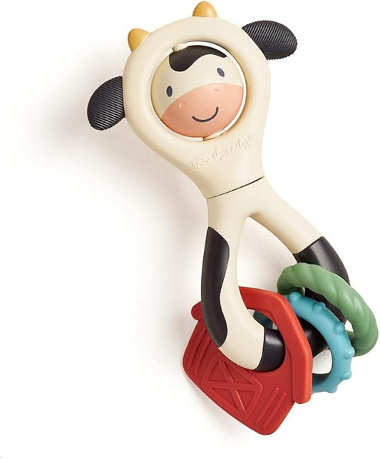 Itzy Ritzy Spinner Rattle Toy – Cow Design Sensory Teething Rattle Includes Spinning Face, Clicks, Rattles & Textured Teethers – Designed for Ages 3 Months and Up (Cow)
