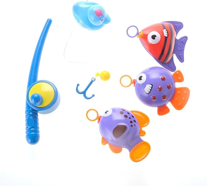 Realistic Hook and Reel Fishing Toy for Bathtub | Baby Bath Toy Set | Pool Playset With a Rod, 3 Fishes & a Ducky for Kids Ages 3+