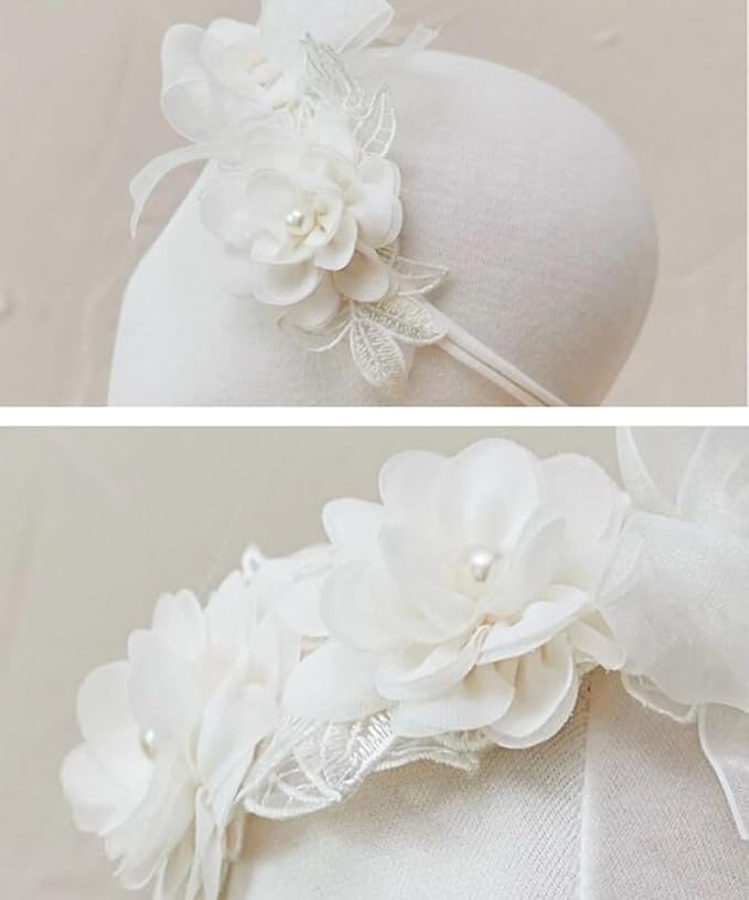 Floral Lace Hair Bow for Baby Girls Soft Stretch Headband for Newborns to Toddlers Baby Shower Birthday Hair Band 0-36 Months (Ivory, Free)