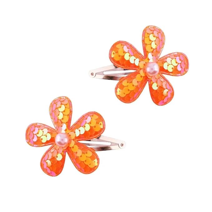 2Pcs Sequins Flower Hair Clips for Girls Cute Snap Hair Clips with Pearl Hair Barrettes Spring summer Hair Accessories Birthday Party Supplies (orange)