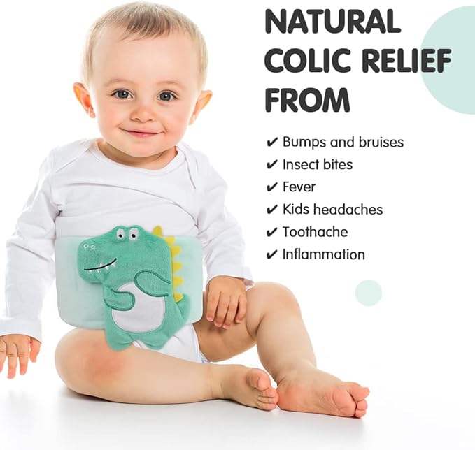 Hilph Baby Colic, Gas and Upset Stomach Relief, Heated Warmer Tummy Wrap with 2 Gel Packs for Newborns and Infants, Baby Heating Pad Swaddling Belt Natural Relief (Green Dinosaur)