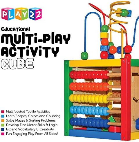 Play22 Wooden Activity Cube for Baby - 6 in-1 Baby Activity Play Cube with Bead Maze, Shape Sorter, Abacus Counting Beads, Counting Numbers, Sliding Shapes, Removable Bead Maze, 8Pcs Stacking Cups