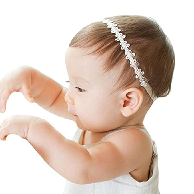 RQJ Christening Headband Baptism Halo Toddler Lace Headband Bows Flowers Pearl Baby Hair Accessories