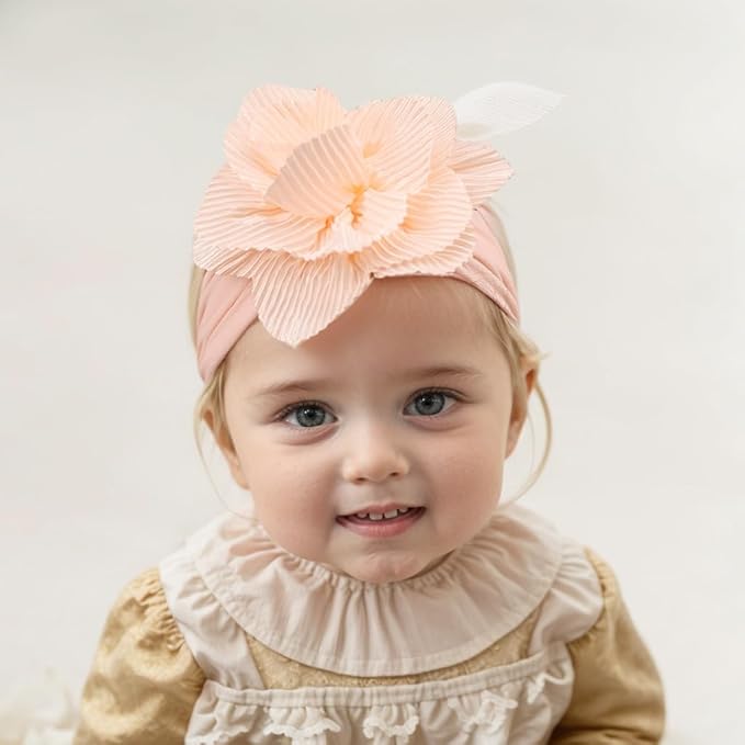 Large Flower Elastic headband for Baby Girl Infant Soft Fabric Chiffon Floral Hairband Toddler Newborn Christening Baptism Hair Accessories (Flower 1 - Pink, Elastic)