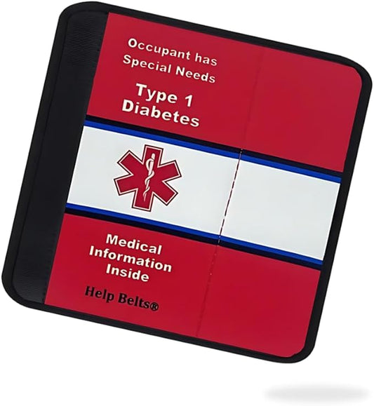 Type 1 Diabetes Awareness Medical Alert Seatbelt Cover for Children in Car Seats (6”) Featuring an Emergency Information Form and Pocket by Help Belts. (Red/White)