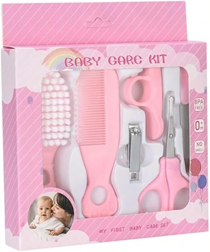 Baby Care Kit, 6-Piece Grooming Set with Comb, Brush, Scissors and Nail Tools (Pink)