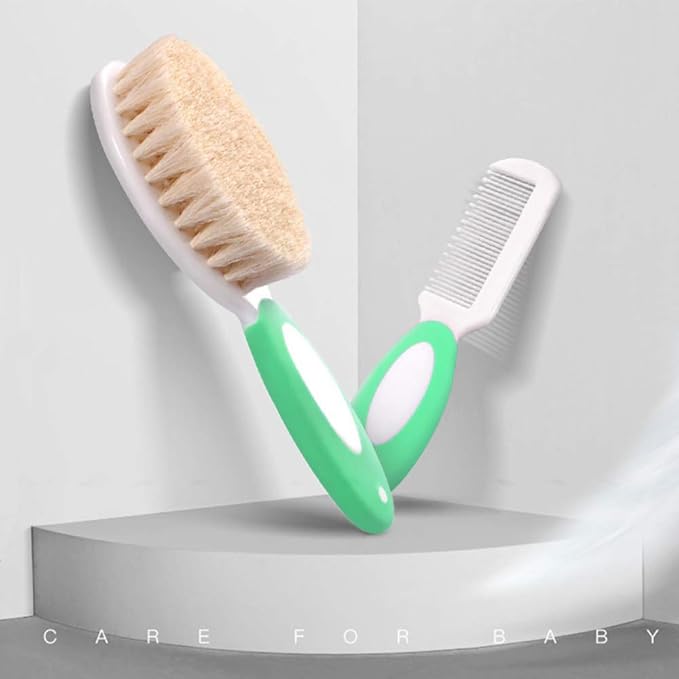 Baby Hair Brush and Comb Set for Newborns & Toddlers | Natural Soft Goat Bristles | Ideal for Cradle Cap | Perfect Baby Registry Gift (Green)