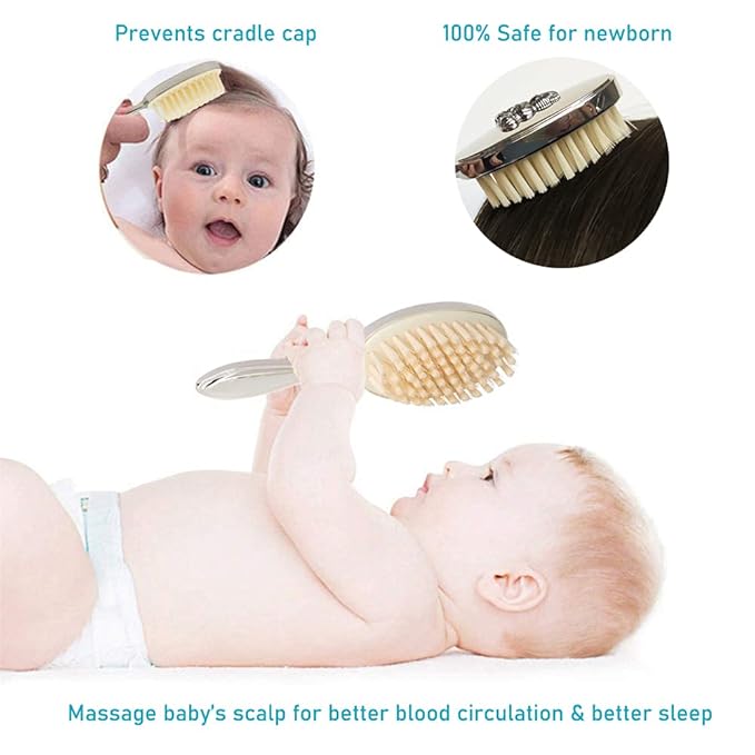 Silver Plated Keepsake Cute Bear Baby Hair Brush for Toddler Girl or Boy with Curly and Thick Hair, for Wet or Dry Newborn Infant Hair, Soft Bristle That Won't Shed, Gift Box Package for Gift Giving