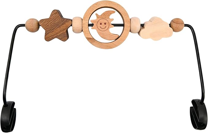 Natural Wooden Activity Toy Bar for Baby Bjorn Bouncer, 360° Rotating Smiling Moon Hanging Toys for Infant Car Seat & Stroller, Sensory Development Toy 0-12 Months