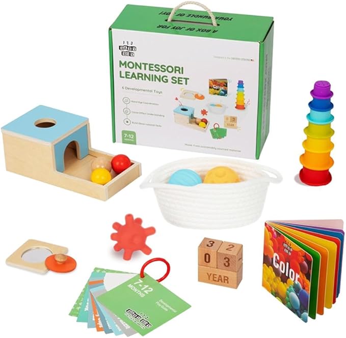 Montessori Toys for Babies 7-12 Months - 6-in-1 Baby Learning Set w/Object Permanence Box, Color Book, Milestone Blocks & More - Educational Toys for Fine Motor & Cognitive Development