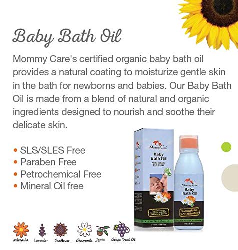 Mommy Care Organic Baby Bath Oil Pure Natural Essential Oils, Calming, Hydrating, Newborn Bathing Oil to Restore your baby’s natural skin moisture. Great for irritated or dry skin. 6.76 oz