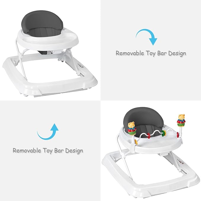 Baby Walker, Collapsible Baby Activity Walker with Walking Toys & 3-Levels Adjustable Height, Comfy High Back Seated Baby Walker with Wheels for Boys & Girls (Grey)