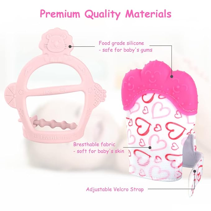 Vicloon Silicone Teething Mitt, 2Pcs Baby Teething Mitten with Adjustable Strap, Crinkle Sound and Textured, Self Soothing Baby Chew Toys for 0-6 Month Infant