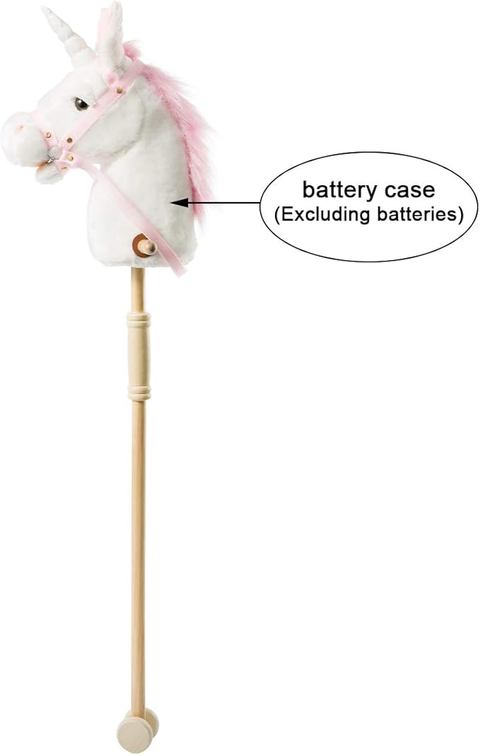 HollyHOME Plush Unicorn Stick Horse with Wood Wheels Real Pony Neighing and Galloping Sounds Plush Toy White 37 Inches(AA Batteries Required)