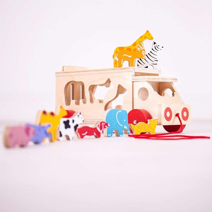 Bigjigs Toys, Animal Lorry Wooden Shape Sorter, Shape Sorters for 2 Year Olds, Pull Along Toy, Baby Wooden Toys