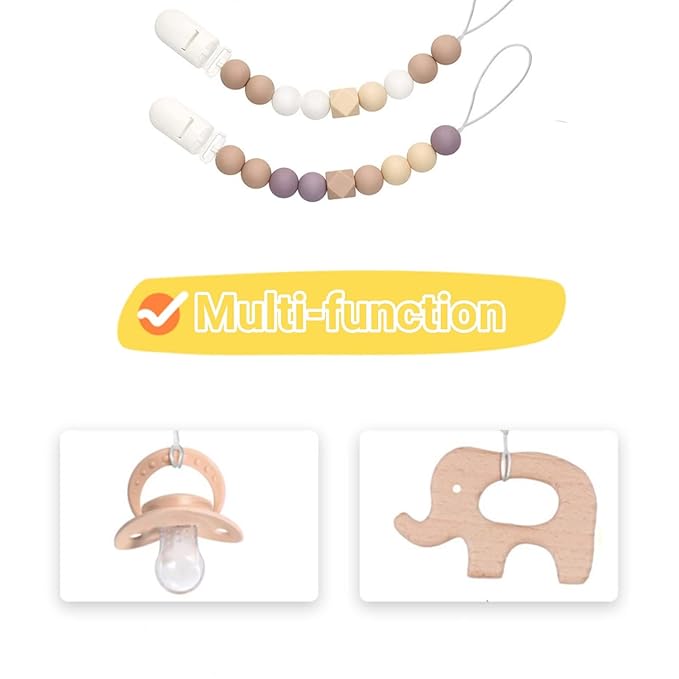 Pacifier Clips for Baby Boys Girls Silicone Beads Pack of 2 Soft Flexible Binky Clips (Beige+Purple)