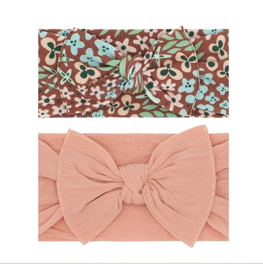 Baby Bling Bows - Newborn to Little Baby Girl Bows, 2PK PRINT SOLID KNOTS Nylon Super Soft Stretchy Toddler Headbands, Perfect Hair Accessories Head Bands for Infant Kids (Spice Floral & Rose Gold)