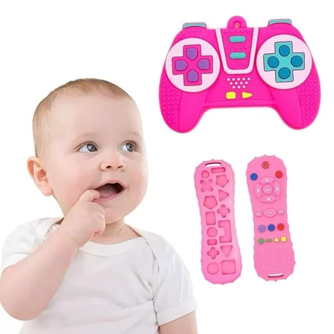 2 Pack Baby Teething Toys, Game Controller & TV Remote Shape Teether Set for Babies 6-12-18 Months, Gamer Silicone Chew Toys, BPA Free Relief for Infant Gum Pain