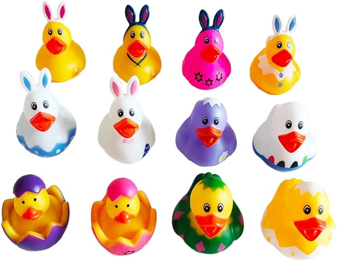 12Pcs Assorted Rubber Duck Easter Duck Toys,Small Rubber Ducks in Bulk for Jeep Ducking Baby Bath Toys Christmas Party Favors Supplies Decoration