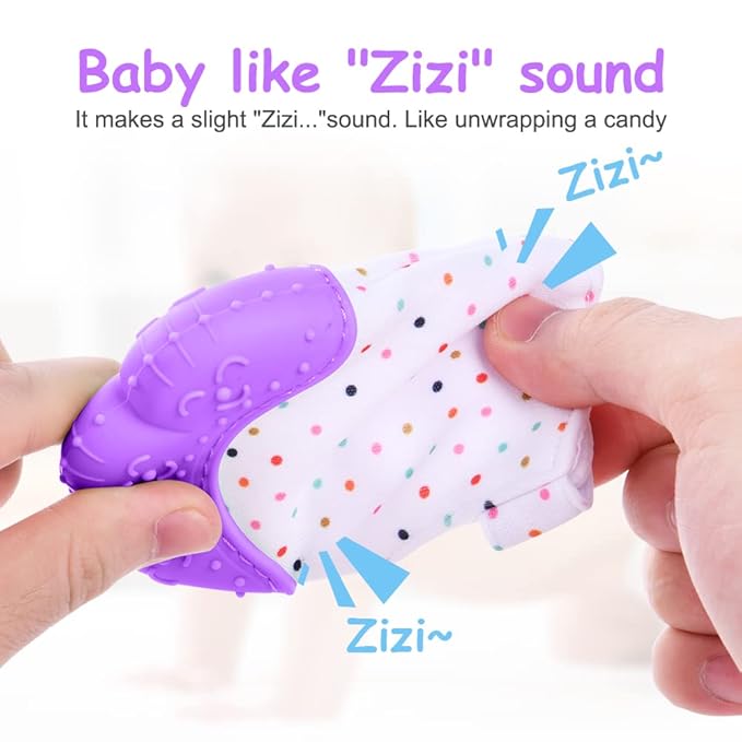 Vicloon Silicone Teething Mitt, 2Pcs Baby Teething Mitten with Adjustable Strap, Crinkle Sound and Textured, Self Soothing Baby Chew Toys for 0-6 Month Infants