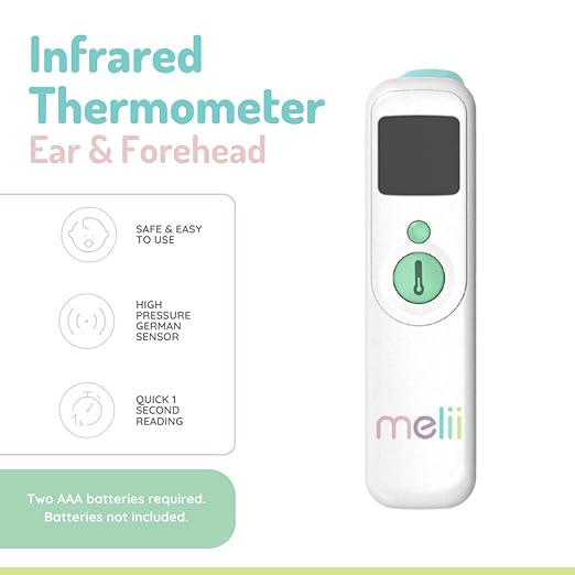 melii Ear & Forehead Infrared Thermometer with Digital Display, Fever Alert and 40 Memory Recall Temperatures, Safe for Babies, Toddlers, Kids & Adults