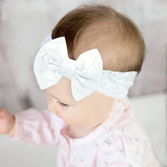 Qiansail Baby Girls Lace Bow Headband Elastics Bow Knot Hairband Headwrap for Newborn Infant Toddlers Kids (White)