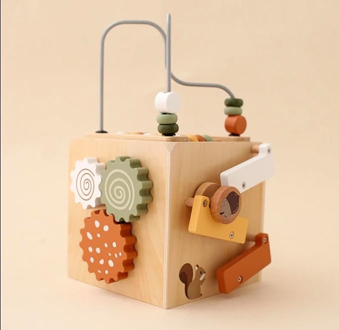 Wooden Activity Cube, Bead Maze, Gears, Shapes, Rabbit Figure, 10 x 10 x 10 inches