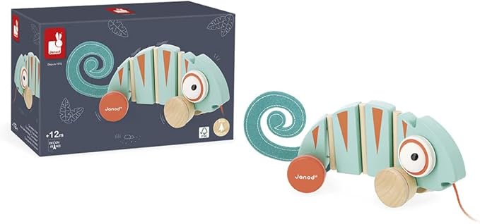 Janod - Tropik Pull-Along Chameleon - Wooden Early-Learning Toy - Silent Wheels - Educational Walking and Balancing Toy - Water-Based Paint - 1 Year + J08264