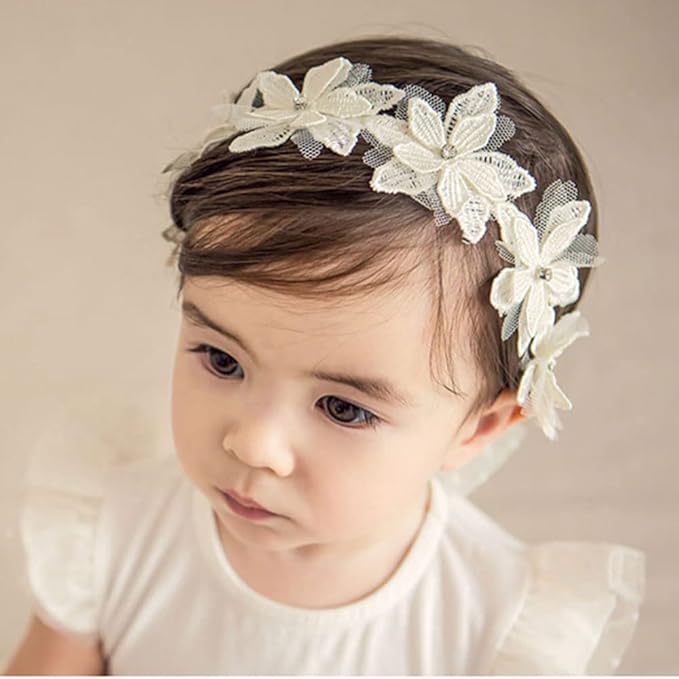 Baby Girl Headband White Lace Hairband Elastics Flower Head Wrap Hair Accessories Gift for Newborn Infant Toddlers Kids Baptism Shower Gift Birthday Wedding Party (Style 1)