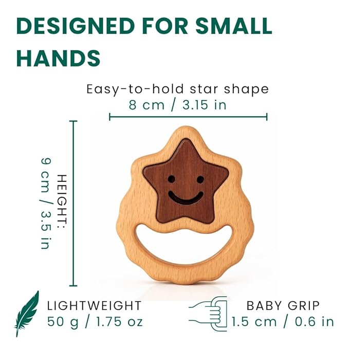 Handmade Montessori Wooden Baby Rattle 0–12 Months | Natural Beechwood Teether for Babies | Lightweight Star-Shaped Easy-Grip Infant Toy | Smooth Finish Sensory Play Toy | CPSIA & EN71 Tested