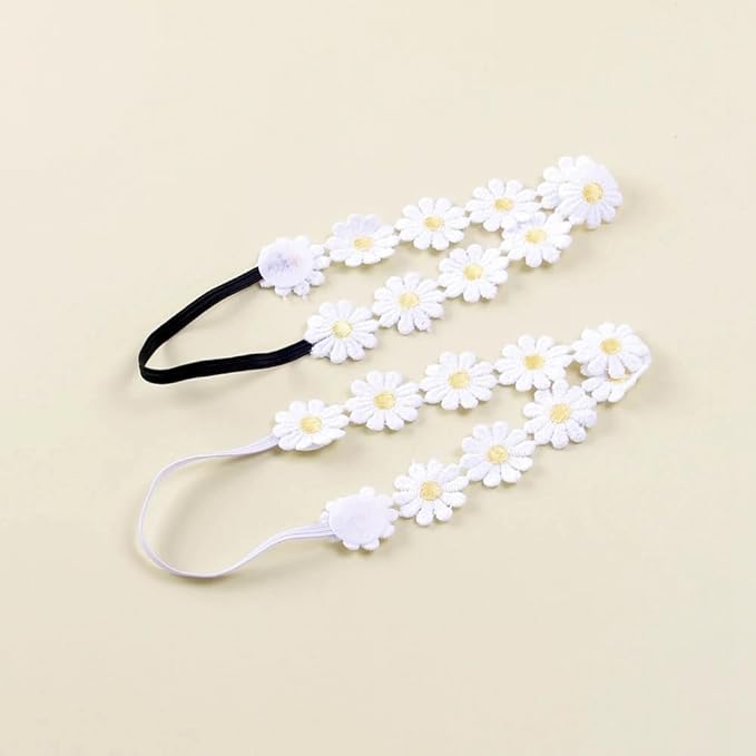 2PCS Little Daisy Flower Elastic Baby Girl Headbands Floral Crown Hairbands for Newborn Infant Toddler Party Birthday Wedding Hair Accessories Outdoor Photography Props