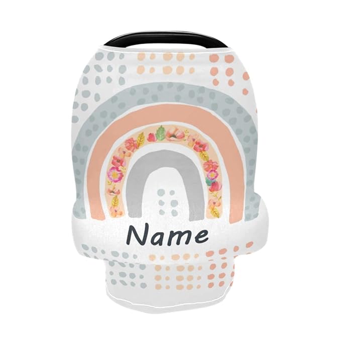 Personalized Boho Rainbow Baby Car Seat Cover, Customized Name Nursing Covers Breastfeeding Scarf Infant Carseat Canopy, Custom Shower Gift for Newborn Girls Babies