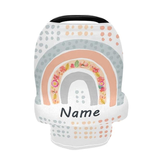 Personalized Boho Rainbow Baby Car Seat Cover, Customized Name Nursing Covers Breastfeeding Scarf Infant Carseat Canopy, Custom Shower Gift for Newborn Girls Babies