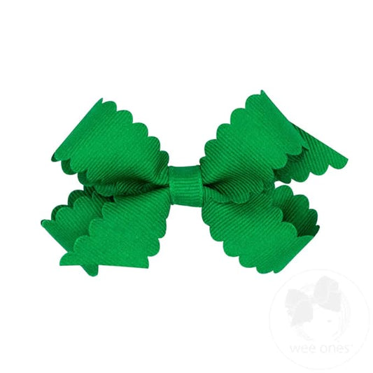 Wee Ones Girls' Classic Grosgrain Hair Bow with Scalloped Edges, No-Slip Hair Clip, Handmade, Green, Mini