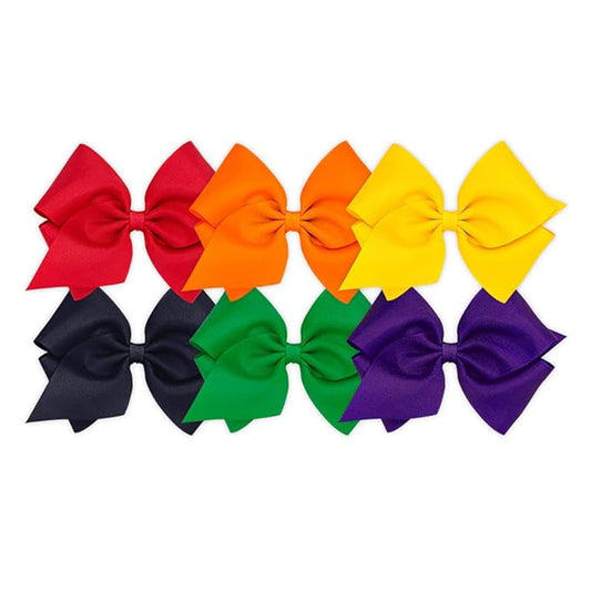 Wee Ones Girls' 6 Piece Set of Bows, Solid Grosgrain Variety Pack on a WeeStay No-Slip Hair Clip, Mini King, Red, Orange, Yellow, Navy, Green, Purple
