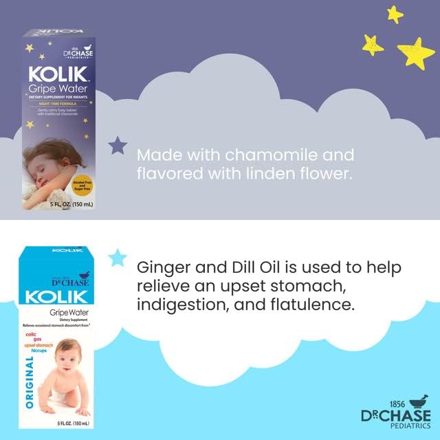 Dr. Chase Kolik Gripe Water Bundle - Nighttime & All-Day Baby Colic Relief - Gripe Water for Babies & Infants - Baby Gas Relief for Cramps, Stomach Discomfort & Hiccups - 2 Pack