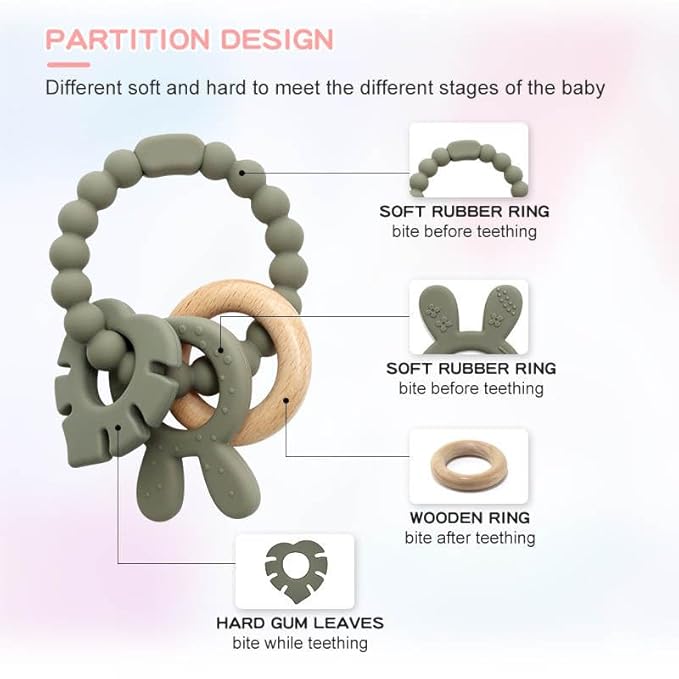 | Bohemian Teether | Baby Teether | Sensory Exploration and Teething Relief | 100% Food-Grade Silicone Teether Toy | BPA Free | Chewbeads | Silicone with Beechwood Ring | (Sage)