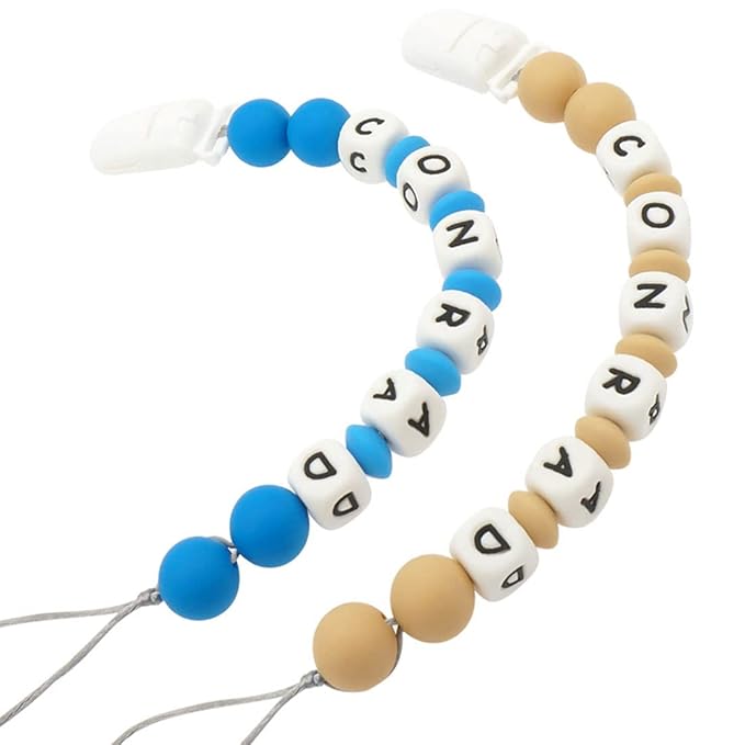 Personalized Pacifier Clip with Name, Customizable Pacifier Clip (2 Pack) (Blue + Oatmeal)