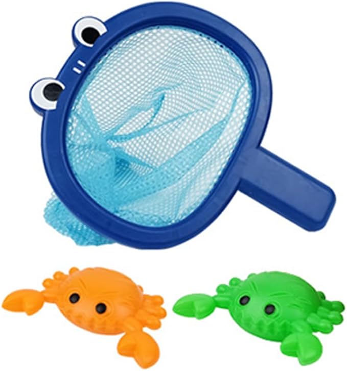 Baby Bath Toys 1 Pcs Crab Animals Fishing Net with 2 Pcs Water Floating Sea Animals Crab Toys, Bathroom Pool Water Floating Accessory Duck Crab Frog Fishing Play Set for Toddlers