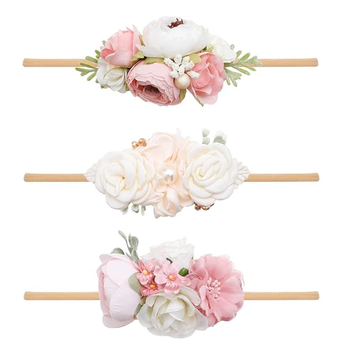 OOSAKU Baby Girl Flower Headbands Set Elastic Floral Headbands 3pcs Soft Nylon Hair Band for Newborn Toddler Hair Accessories