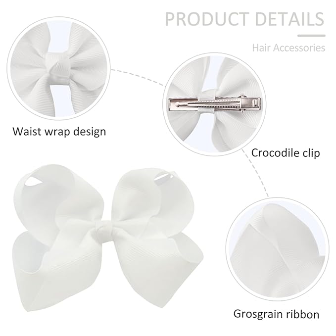 Hair Bows for Girls Alligator Clips White Grosgrain Ribbon Solid Color Hair Accessories for Little Teen Toddler Girls Kids (6inch ×2, 4inch ×2, 3inch ×2)