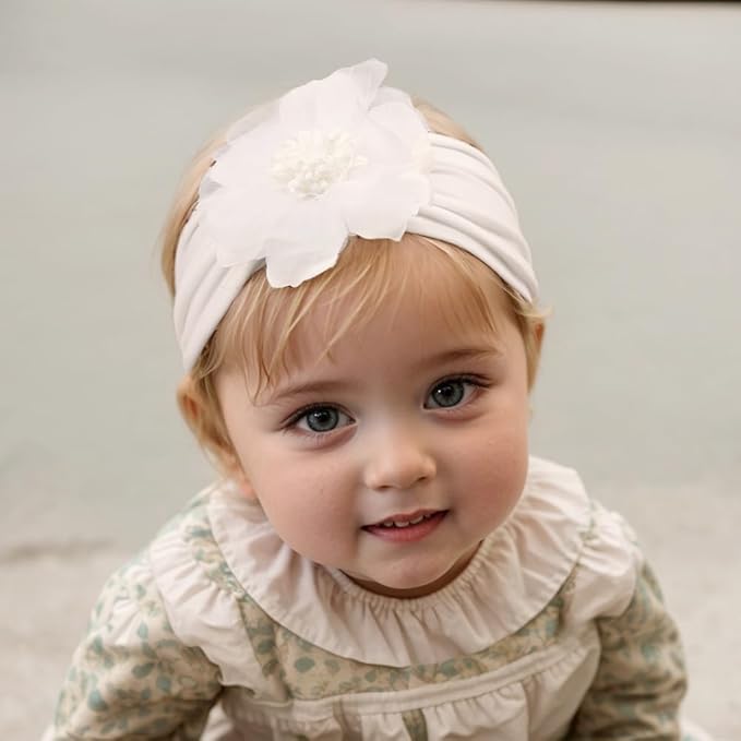 Large Flower Elastic headband for Baby Girl Infant Soft Fabric Chiffon Floral Hairband Toddler Newborn Christening Baptism Hair Accessories (Flower 2 - White, Elastic)